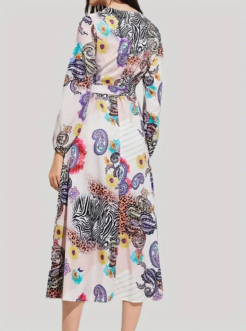 Elegant Leopard Print Belted Maxi Dress, Long Sleeve & Crew Neck Dress